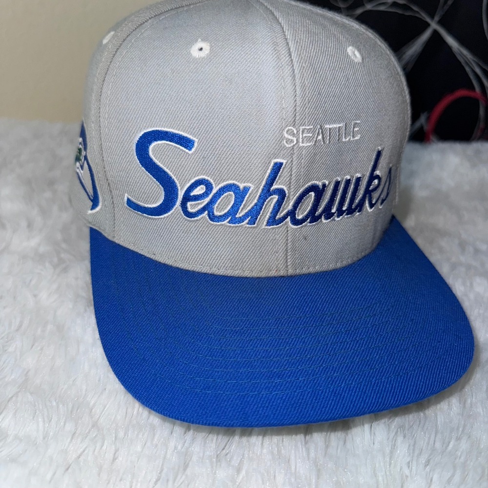 Mitchell & Ness Snapback Hat Mens OSFM Gray Blue Good Seattle Seahawks Script